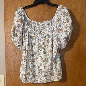 a.n.a Floral Print Puff Sleeve Blouse - White, Yellow, Blue